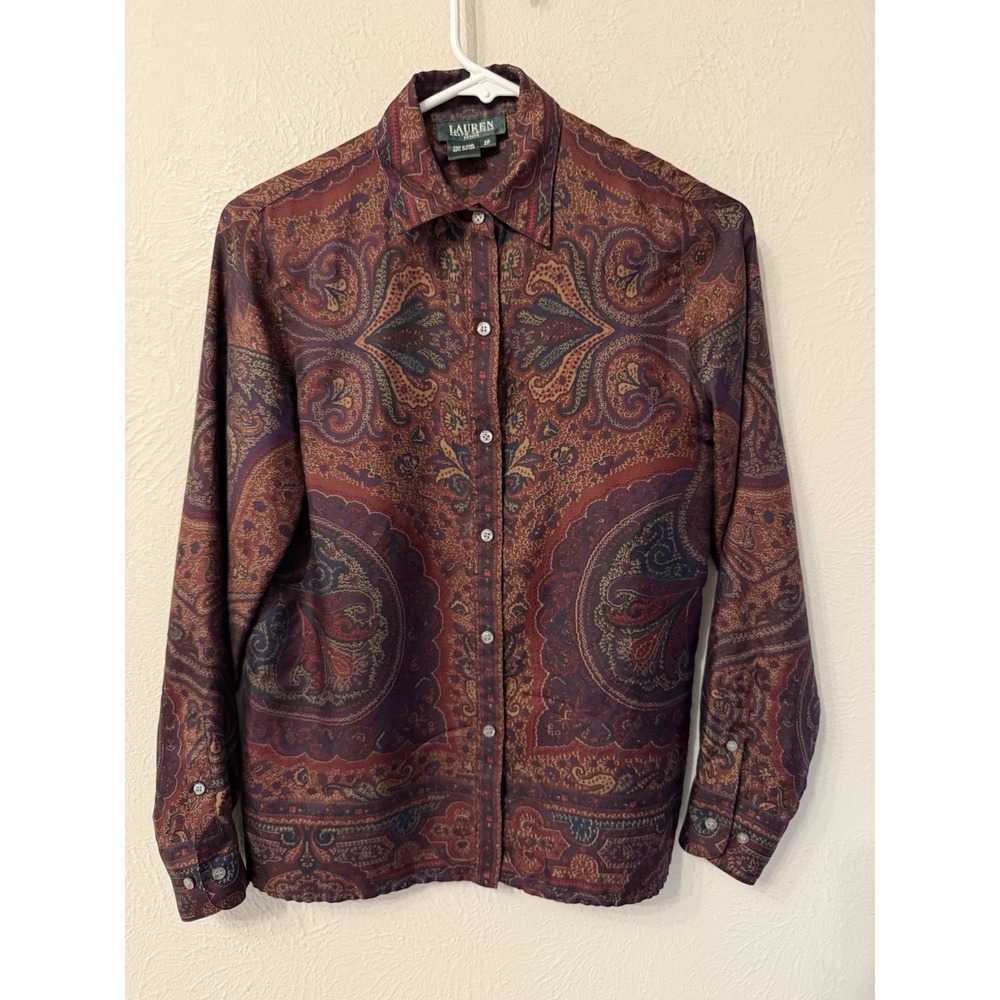 VTG Lauren Ralph Lauren size 2 Petite 100% silk button up blouse dark paisley